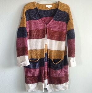 Zoey Size Medium Striped Multicolor Women's Sweater With Pockets And A Clasp